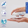 Load image into Gallery viewer, Curaprox Aligner Foam being applied on a clear dental aligner, with icons highlighting key benefits: non-bleaching and non-abrasive formula, antiviral effect, and development in collaboration with dental professionals. CURAPROX branding is visible on a white background.