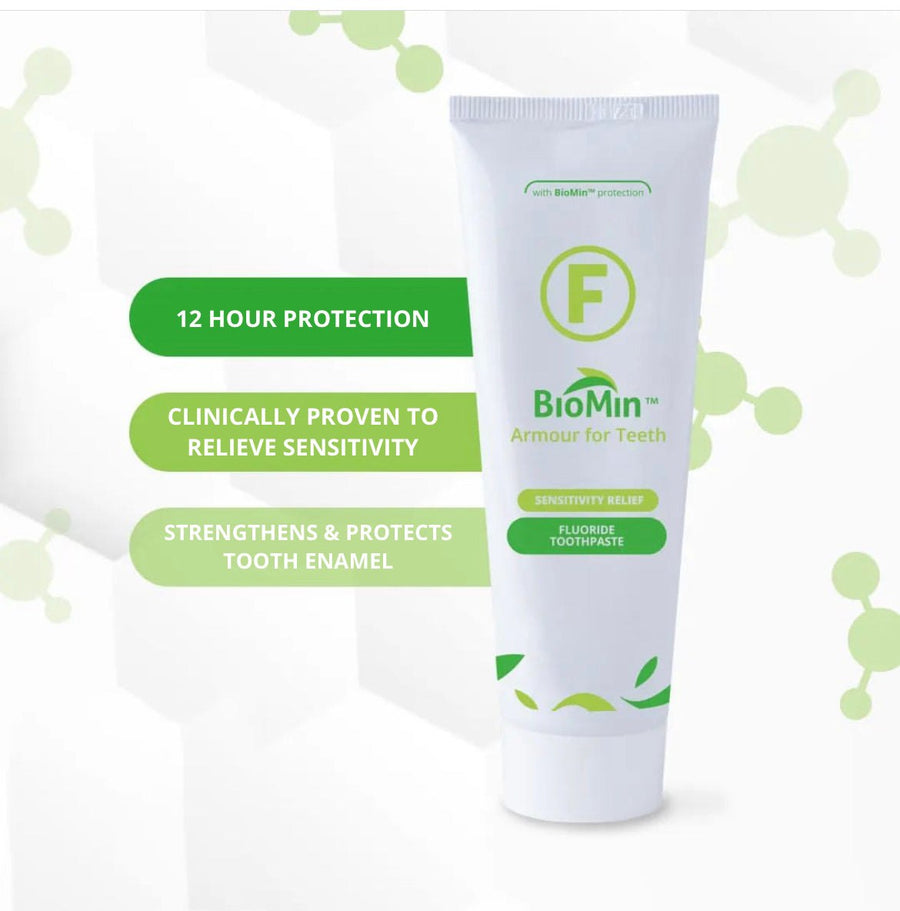 Oral Hygiene Bundle featuring BioMin F toothpaste with 12-hour protection and enamel strengthening benefits.