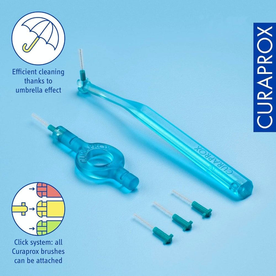 Curaprox CPS Prime Starter Kit in blue, showing two ergonomic holders and three interdental brushes. Icons highlight “umbrella effect” bristles for efficient cleaning and a universal click system compatible with all Curaprox brushes.