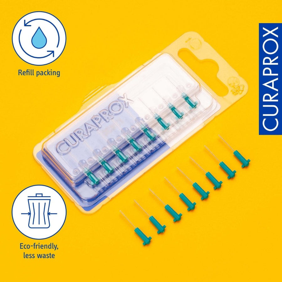 Curaprox CPS Prime refill interdental brushes displayed on a bright yellow background, with brushes partially removed from eco-friendly refill packaging. Icons highlight key benefits: refill packing for reduced plastic use and less waste. CURAPROX branding is visible.
