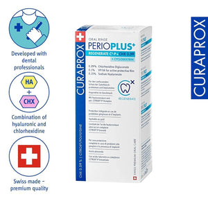 Curaprox PerioPlus+ Regenerate Mouthwash product image featuring key ingredients including 0.09% chlorhexidine and 0.15% sodium hyaluronate. Icons highlight its development with dental professionals, the combination of hyaluronic acid and chlorhexidine, and Swiss-made premium quality. 