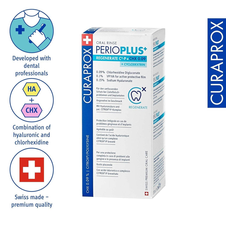 Curaprox PerioPlus+ Regenerate Mouthwash product image featuring key ingredients including 0.09% chlorhexidine and 0.15% sodium hyaluronate. Icons highlight its development with dental professionals, the combination of hyaluronic acid and chlorhexidine, and Swiss-made premium quality. 
