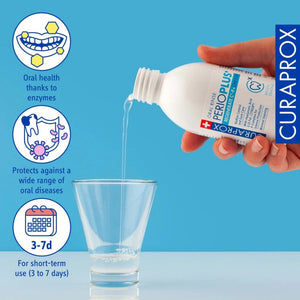 Curaprox Perio Plus+ Regenerate mouthwash being held in a hand and being poured into a glass, with icons highlighting benefits: promotes oral health through enzymes, protects against a wide range of oral diseases, and is recommended for short-term use (3 to 7 days). Blue background with CURAPROX branding.
