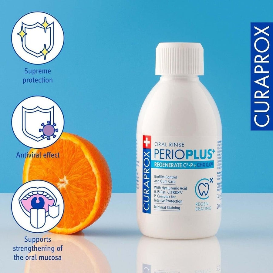Curaprox Perio Plus+ Regenerate mouthwash bottle with blue background and orange slice, highlighting product benefits: supreme protection, antiviral effect, and support for strengthening the oral mucosa. 