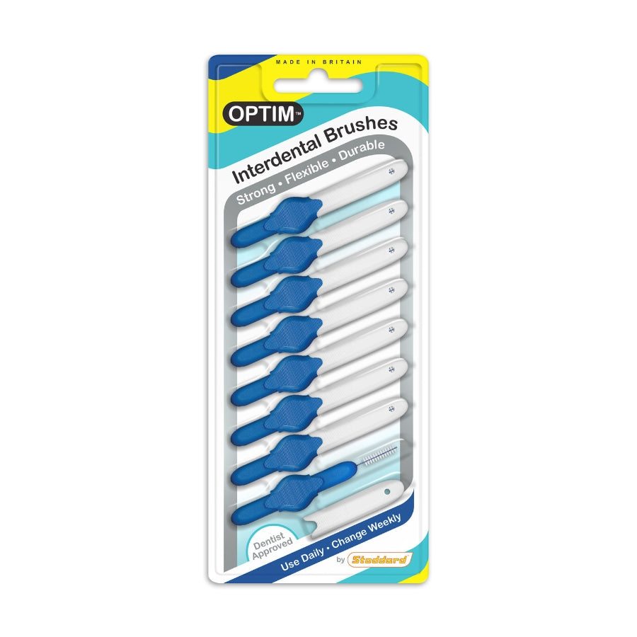 Pack of blue interdental brushes with Icon branding on a white background
