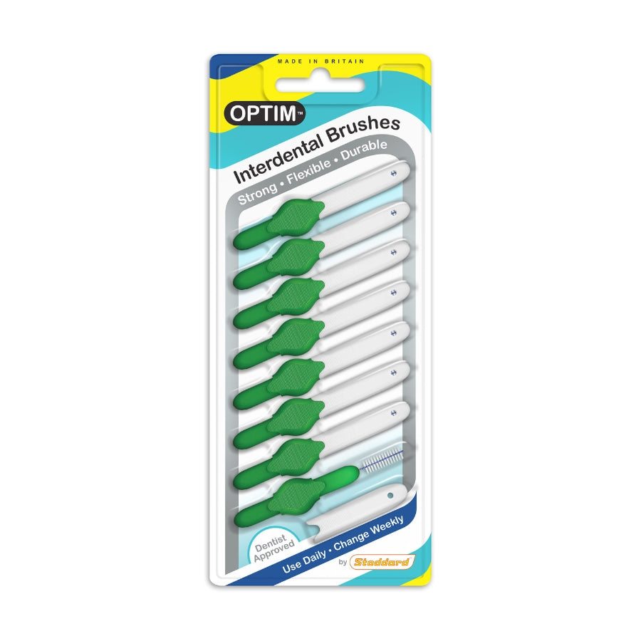 Pack green interdental brushes with Icon branding on a white background