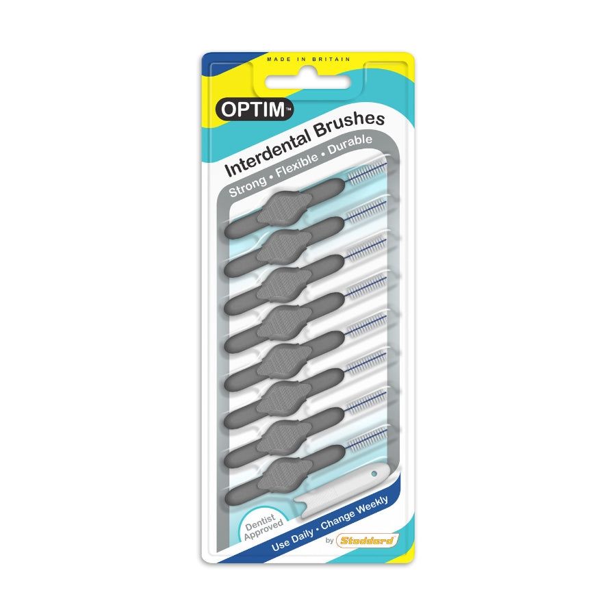 Pack of grey interdental brushes with Icon branding on a white background