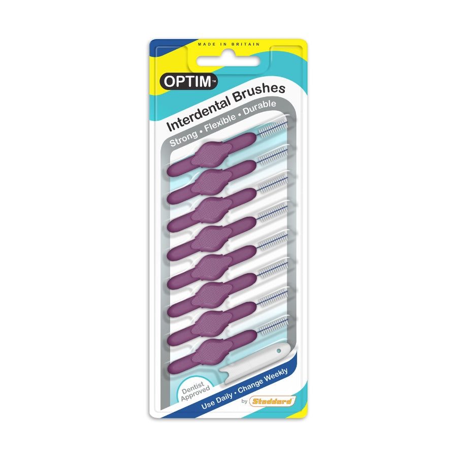 Pack of purple interdental brushes with Icon branding on a white background