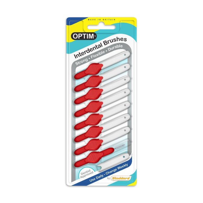 Pack of red interdental brushes with Icon branding on a white background