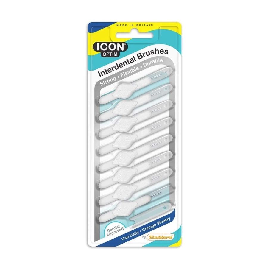 Pack of white interdental brushes with Icon branding on a white background