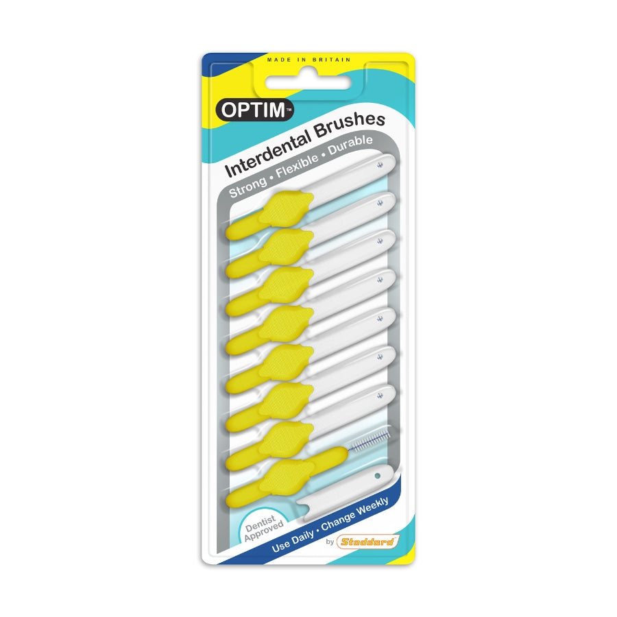 Pack of yellow interdental brushes with Icon branding on a white background