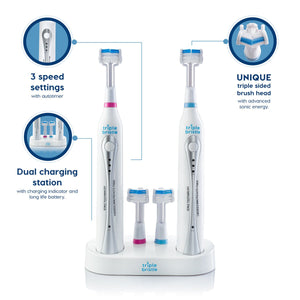 Triple Bristle Sonic Duo electric toothbrush set with charging station and brush heads on a white background