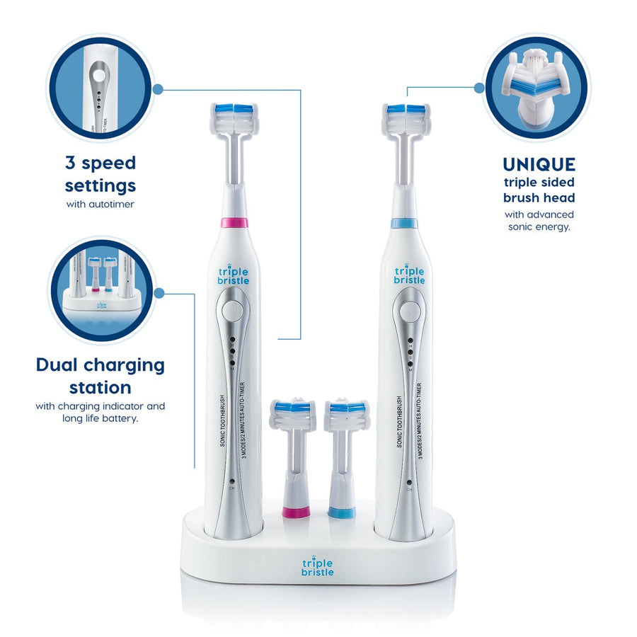 Triple Bristle Sonic Duo electric toothbrush set with charging station and brush heads on a white background