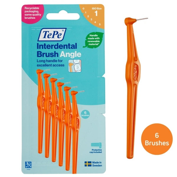 Orange ISO size 1 Tepe interdental brush angle packaging and brush on white background