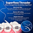 Load image into Gallery viewer, Superfloss Threader compared with previous SuperFloss: softer, longer spongy fibre, a shorter stiffened end and removal of the regular floss section.

