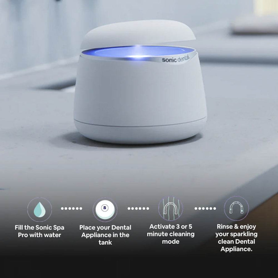 Sonic Pro dental appliance cleaner on a surface with 'Sonic Dental' branding with written instructions below. Fill the Sonic Pro with Water. Place your dental appliance in the tank. Activate 3 or 5 minute cleaning mode. Rinse and enjoy your sparkling clean dental appliance.