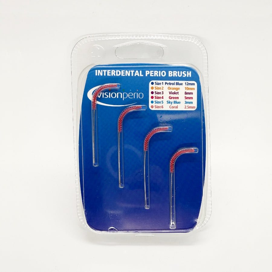 VisionPerio Interdental Brushes in packaging showing different sizes for effective gum disease treatment.