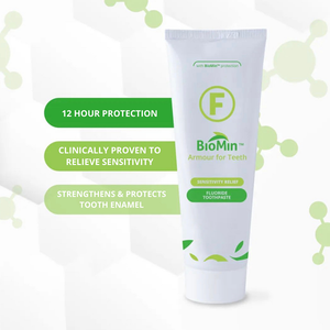 BioMin F Toothpaste 75ml tube with 12-hour enamel protection and sensitivity relief.