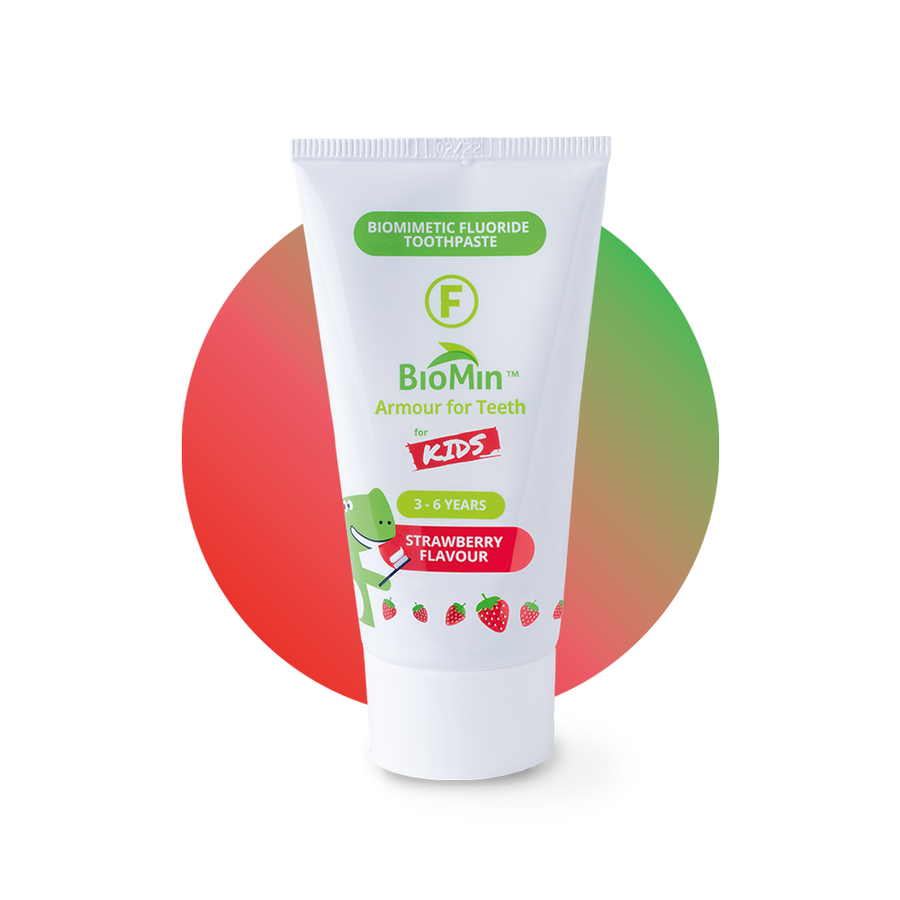 BioMin F for Kids Strawberry Toothpaste 37.5ml tube with fruity flavor for ages 3-6, featuring advanced tooth protection technology.