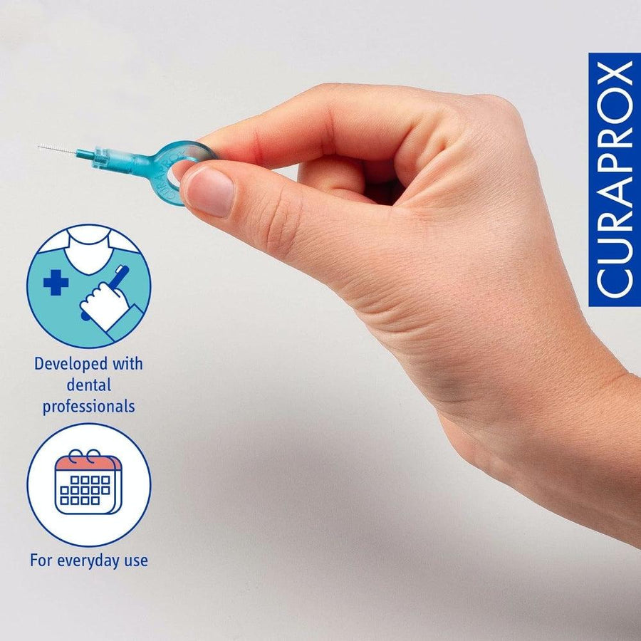 Curaprox CPS Prime turquoise Curaprox interdental brush. Icons highlight that the product is developed with dental professionals and intended for everyday use. Curaprox logo displayed on the right.