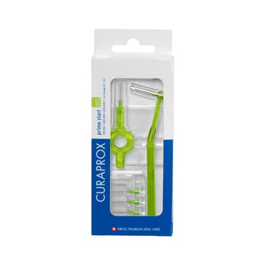 Curaprox CPS Prime Starter Kit 06, featuring lime green long and short holders with five size 1.1mm interdental brushes for precise cleaning between teeth.