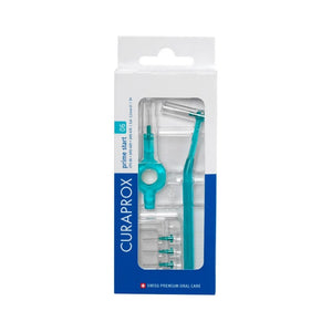 Curaprox CPS Prime Starter Kit 06, featuring turquoise long and short holders with five size 0.6mm interdental brushes for precise cleaning between teeth.