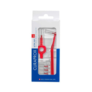 Curaprox CPS Prime Starter Kit 07, featuring red long and short holders with five size 0.7mm interdental brushes for precise cleaning between teeth.