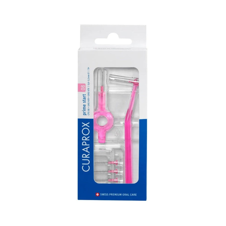 Curaprox CPS Prime Starter Kit 06, featuring pink long and short holders with five size 0.8mm interdental brushes for precise cleaning between teeth.