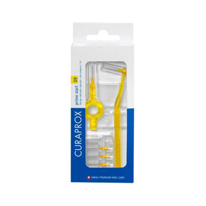 Curaprox CPS Prime Starter Kit 09, featuring turquoise long and short holders with five size 0.9mm interdental brushes for precise cleaning between teeth.