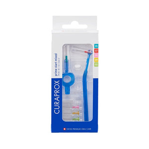 Curaprox CPS Prime Mixed Size Starter Kit , featuring blue long and short holders with five variable sized  interdental brushes for precise cleaning between teeth.