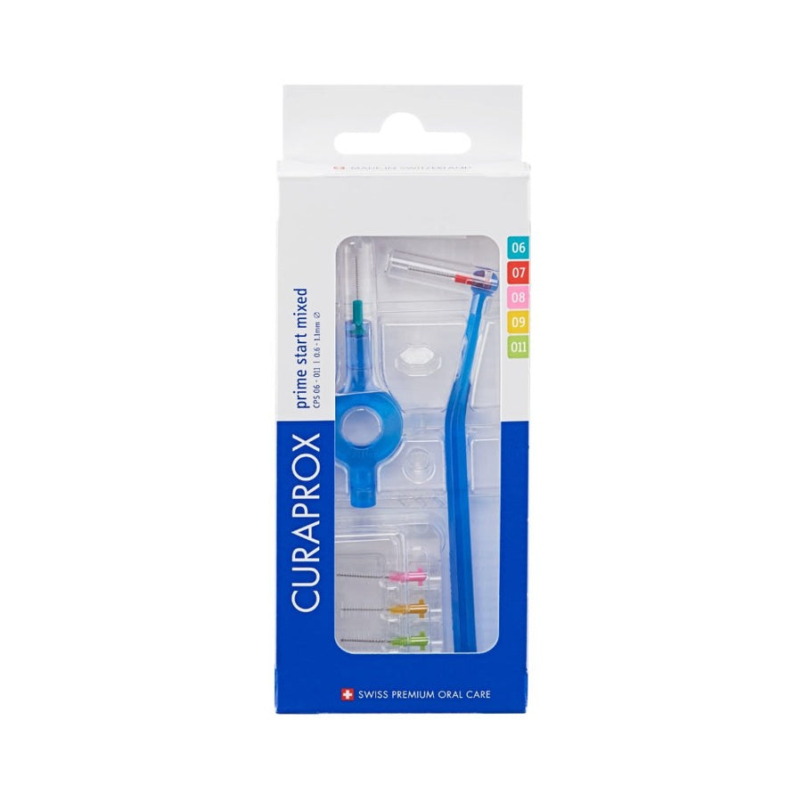 Curaprox CPS Prime Mixed Size Starter Kit , featuring blue long and short holders with five variable sized  interdental brushes for precise cleaning between teeth.
