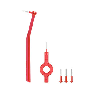 Curaprox CPS Prime red Starter Kit featuring a long-handled holder, a short circular holder, and five size 0.7mm interdental brushes for cleaning narrow spaces between teeth.