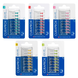 Curaprox CPS Prime Refill Interdental Brush packs in five sizes and colours (green, red, pink, yellow, and lime green). Each blister pack contains 8 refill brushes designed for deep interdental cleaning. Packaged with CURAPROX branding and labeled "Swiss Premium Oral Care."