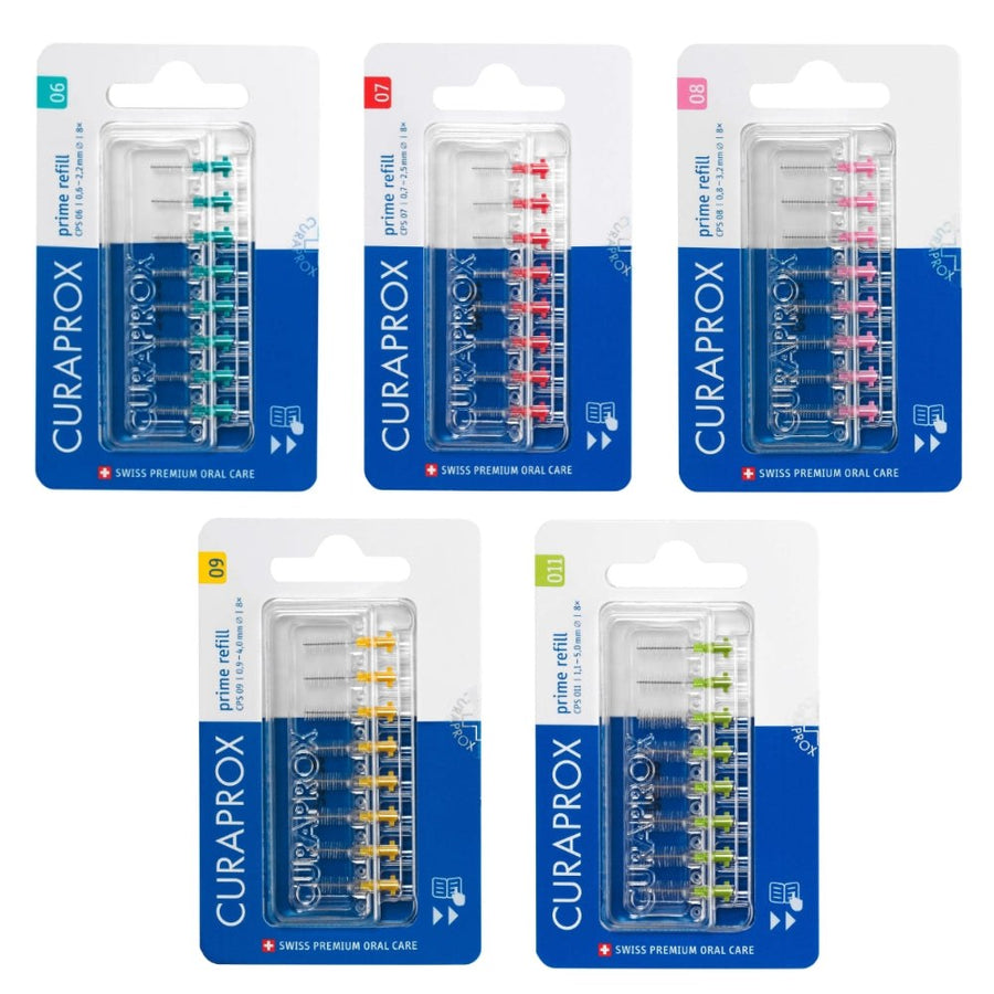 Curaprox CPS Prime Refill Interdental Brush packs in five sizes and colours (green, red, pink, yellow, and lime green). Each blister pack contains 8 refill brushes designed for deep interdental cleaning. Packaged with CURAPROX branding and labeled "Swiss Premium Oral Care."