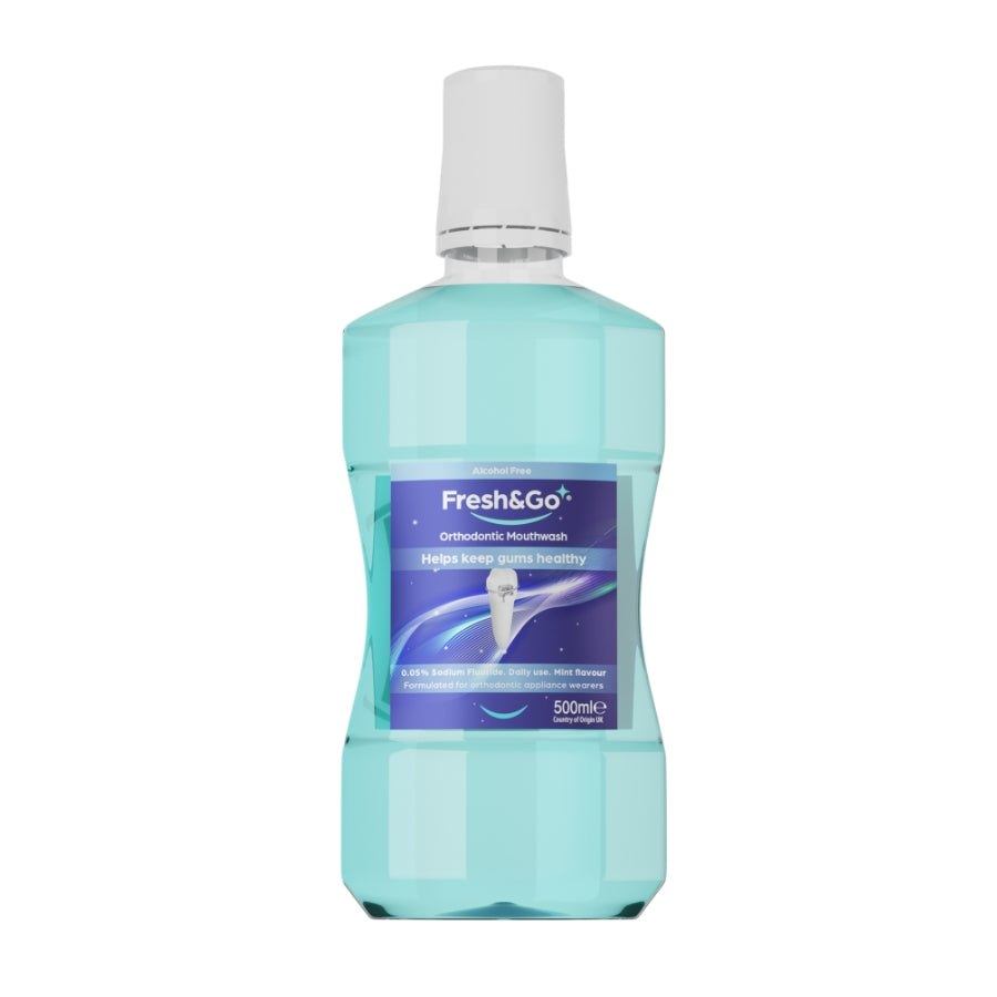 Fresh and Go Orthodontic Mouthwash 500ml bottle with mint flavor, fluoride content, alcohol-free, suitable for vegans.