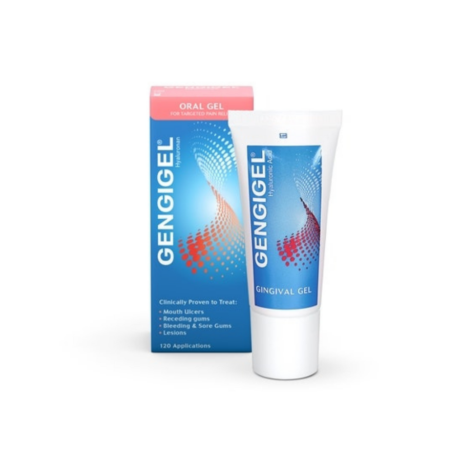 Gengigel® Oral Gel 20ml tube and packaging for pain relief in localized oral areas.