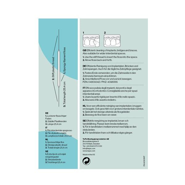 TePe Bridge and Implant Floss packaging with instructions for cleaning implants, bridges, and braces.