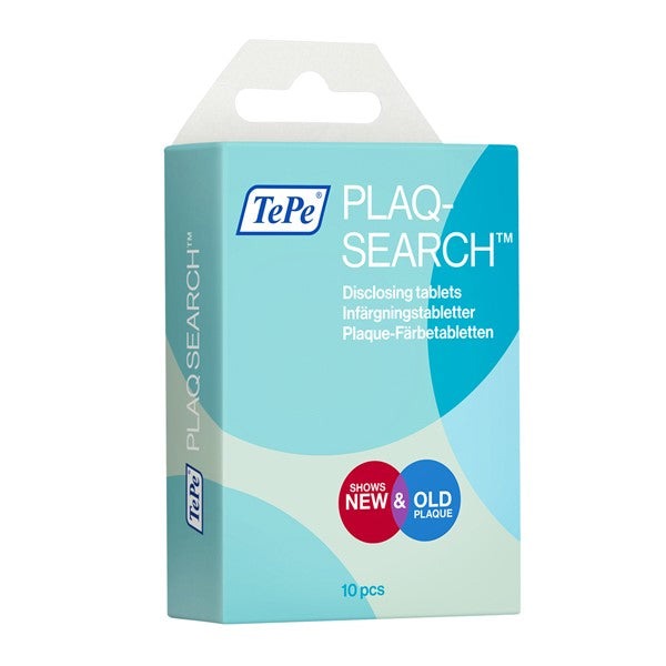 TePe Plaqsearch Disclosing Tablets Pack of 20, identifies new and old plaque with two-tone coloring.