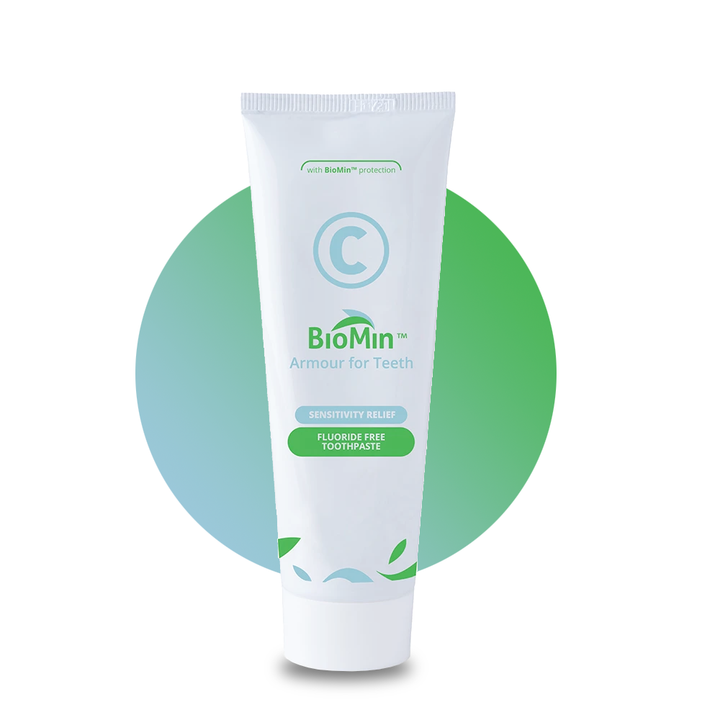 BioMin C Toothpaste tube with fluoride-free label and mint flavor.
