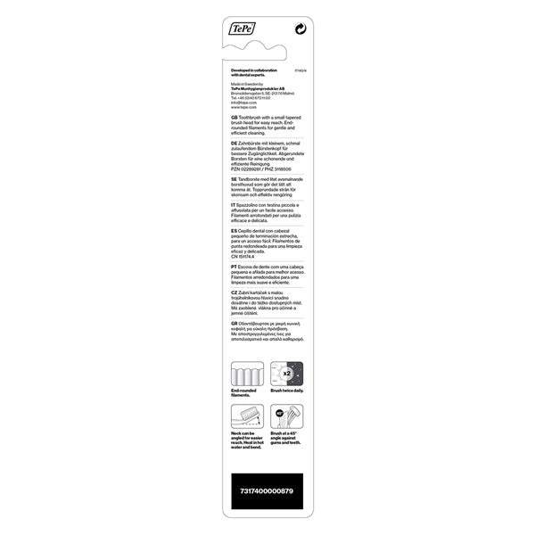 TePe Select Compact Medium Toothbrush packaging with compact, tapered brush head features for gentle cleaning.
