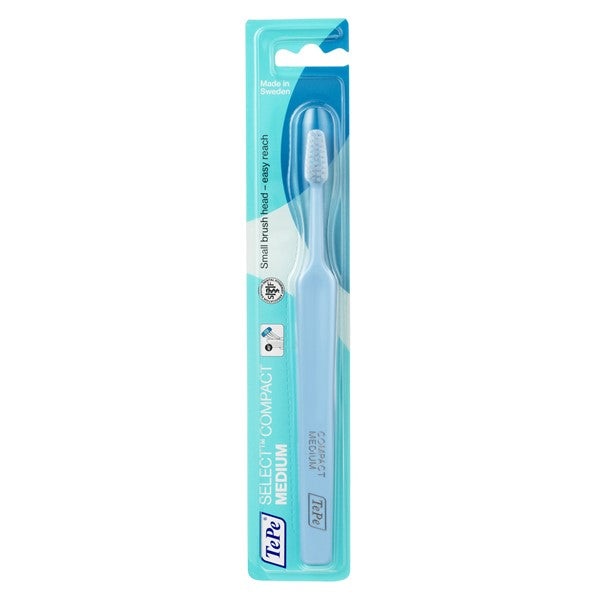 TePe Select Compact Medium Toothbrush with tapered brush head and ergonomic design.